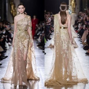 Elie Saab 2019 Avondjurken Gold Appliques One Shoulder Long Sleeve Backless Prom Jurns Formele speciale gelegenheid jurk ABENDKLEIDER 260H