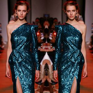 Elie Saab 2019 Prom Jurken Eén schouder Lange Mouwen Lovertjes Avondjurken Enkellengte Side Split Formele Party Jurken