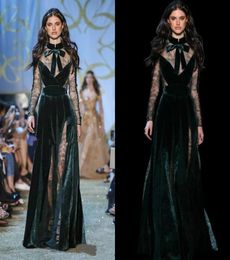 Elie Saab 2019 Fluwelen Galajurken Hoge Hals Lange Mouw Goedkope Formele Avondjurken Split Kant Geappliceerd Een Lijn Feestjurk2837355