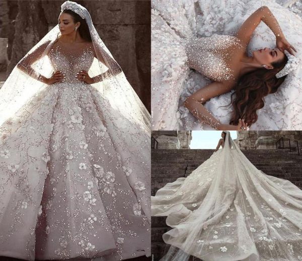 Elie Saab 2020 robe de bal longue Sleeevs robes de mariée de luxe cristal perlé fleurs 3D dentelle grande taille saoudien arabe Dubaï mariée Go7213712