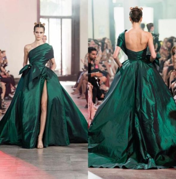 Elie Saab 2020 robes de soirée vert foncé une épaule arabe caftan haute fente formelle femmes robes de bal robes De Novia98795331941089