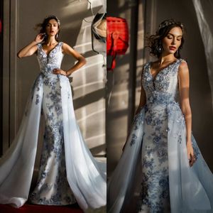 Elie Saab 2020 Zeemeermin Prom Avondjurken Afneembare Rok Dompelen Hals Kant 3D Geappliceerd Prom Glozen Plus Size Blue Formal Dress