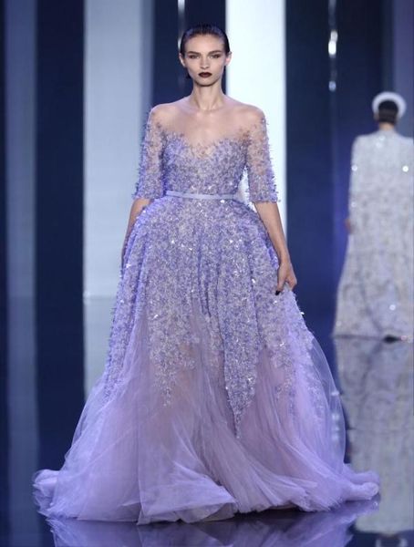 Robes de soirée Elie Saab Aline Voir à travers des femmes de bal à travers le cou transparent avec des paillettes en dentelle à demi-manches personnalisées Dre5225371.