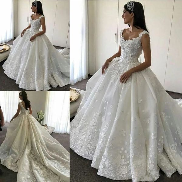 Elie Saab robe de bal robes de mariée dentelle 3D Appliques sans manches robes de mariée jupe bouffante robe de mariée dos nu robes De Novia