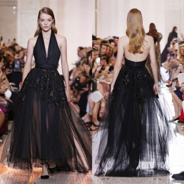 Elie Saab Noir Haut Bas Robes De Bal Une Ligne Halter Col En V Profond Perlé Dos Nu Robe Formelle Tulle Pailleté Plus La Taille Robes De Soirée