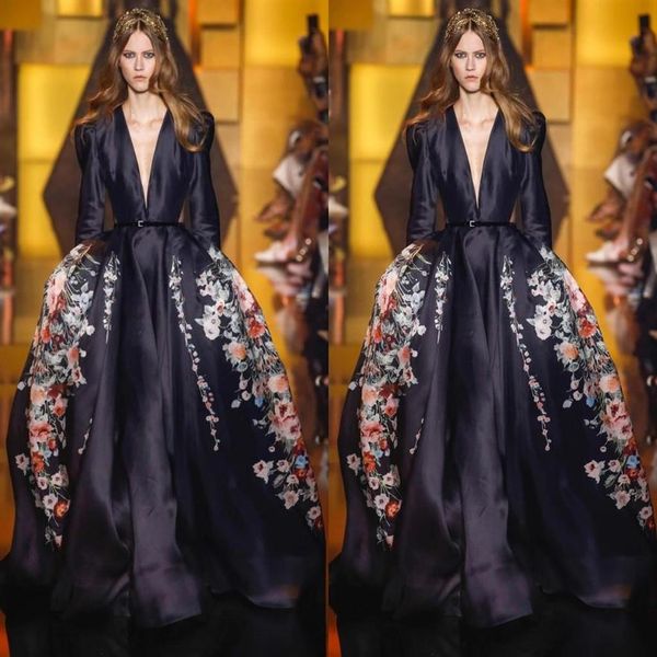 Elie Saab Noir Robes De Bal Col En V Profond Manches Longues Satin Balayage Train Une Ligne Robes De Soirée Robe De Soirée Tapis Rouge Célébrité Dres178i