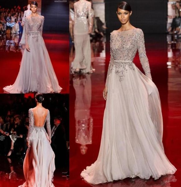 Elie Saab Chiffon Flow A Línea Vestidos de noche lentejuelas Beading mangas largas Bateau Sweing Train Formal Backless Party Gowns4419787