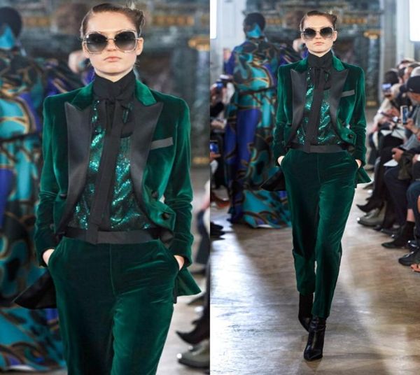 Elie Saab Green foncé costumes robes de soirée Velvet Black Collar Pantal