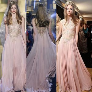 Elie Saab Blush Chiffon Avondjurken met Gouden Applicaties Kant Prom Dress Illusion Party Gowns A Line Maxi Jurk Vestido de Festa