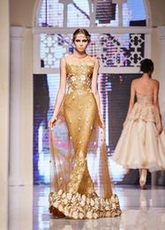 Elie Saab Gold Robes de soirée Serme à paillette Sirène Sheer Jewel Coldolline Party Robes de bal 3D Floral Floor Longueur Forme 6960624