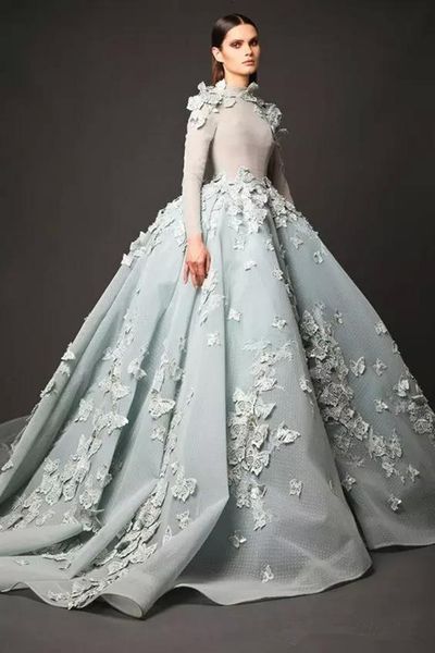 Elie Saab Abendkleider mit langen Ärmeln, Stehkragen, Kapellenschleppe, 3D-Blumenapplikationen, Überröcke, Partykleid, Kleid für den roten Teppich, Abendgarderobe 4017