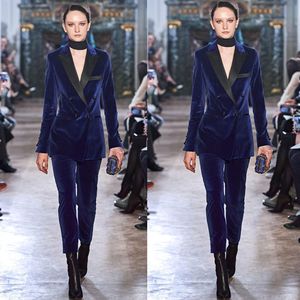 Elie Saab Moeder van de Bruid Suits Blue Velvet Celebrity Avondjurken Formele Outfit voor bruiloften Tuxedos Blazer (jas + broek)