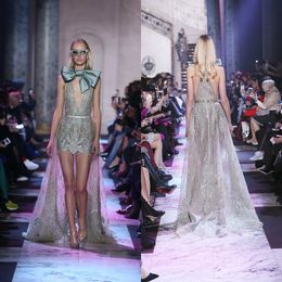 Elie Saab Prom Dresses Hoge Lage Luxe Kralen Lovertjes Deep V-hals Mouwloze Sweep Train Avondjurk Op maat gemaakte formele feestjurken