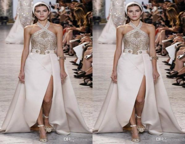 Vestidos de fiesta de Elie Saab Halter Halter Cabello dividido Sweep Formal Train Rhinestones Mermaid con calma.