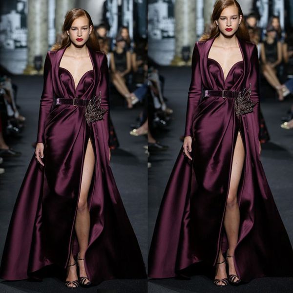 Elie Saab robes de bal deux pièces à manches longues col en coeur robe de soirée haute Split Satin tapis robes de mode