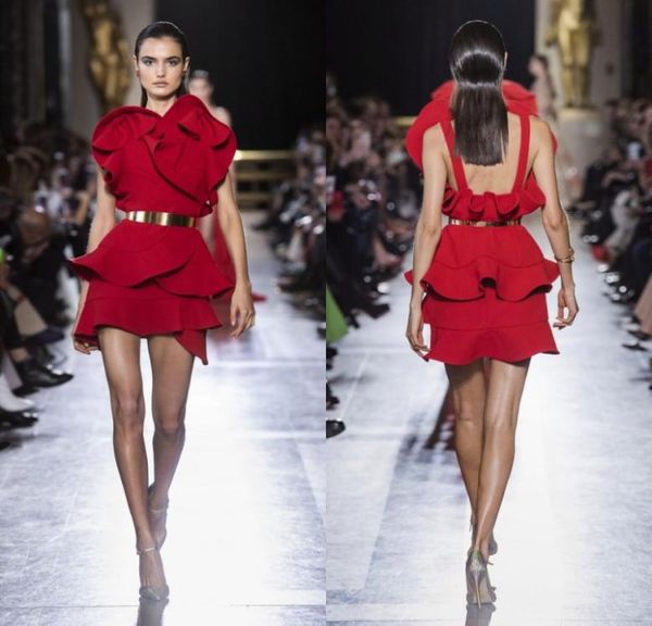 Elie Saab rouge robes de bal courtes fleur satin à volants dos nu mini robes de soirée, plus la taille robe de cocktail robe de soirée de reconstitution historique 1364386