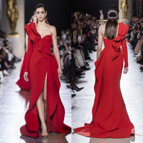 Elie Saab rouge fendu côté sirène robes de bal une épaule à manches longues robe formelle balayage train grande taille robes de soirée