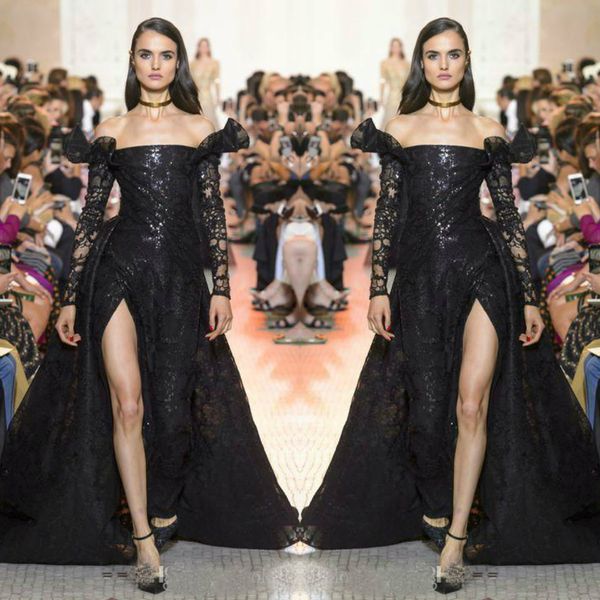 Elie Saab Sexy Robes De Bal Noires Hors Épaule Dentelle Manches Lone Une Ligne Robe De Soirée À Paillettes Avec Train Détachable Côté Split Robes De Soirée