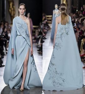 Elie Saab robes de soirée fendues sur le côté avec cape sirène paillettes perles une épaule robes de bal grande taille satin à manches longues fête Dr7313036