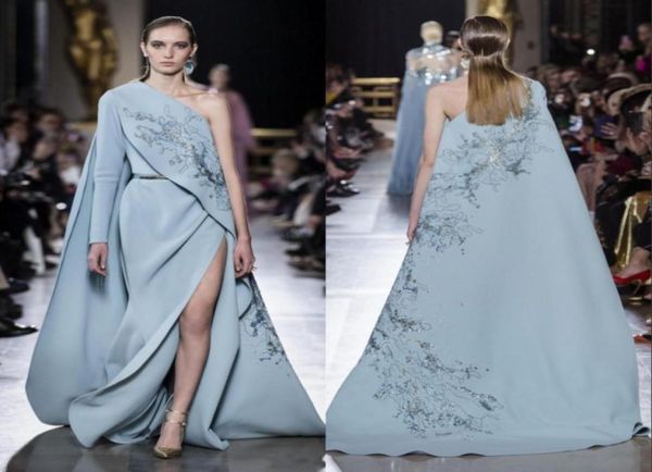 Elie Saab robes de soirée fendues sur le côté avec cape sirène paillettes perles une épaule robes de bal grande taille satin à manches longues fête Dr7604426