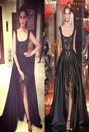 Elie Saab Sonam Kapoor Robes de bal de bal sexy noirs en dentelle noire cristal sur les jupes divisées robes de soirée Dubaï Arabe saoudien8884756