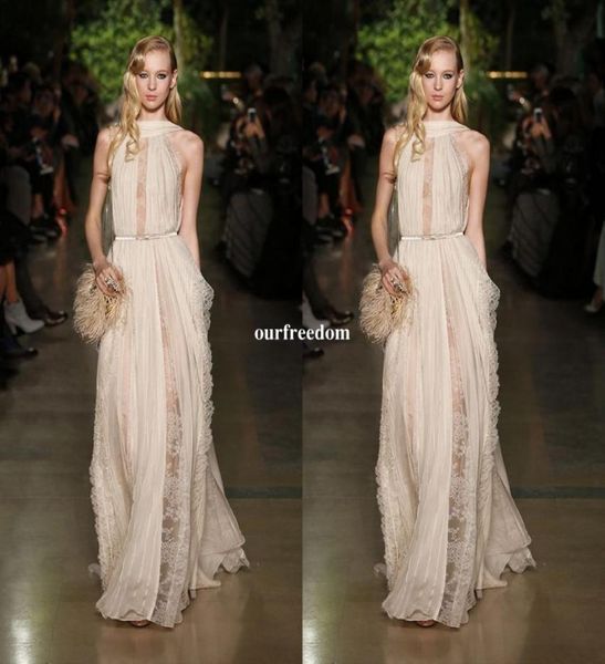 Elie Saab Spring Couture Robes de soirée Forme une ligne Custom Made Sexy High Neck Murffon and Lace Party Prom Robes Longueur du sol S2411712