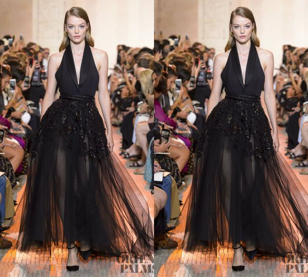 ELIE SAAB La última llegada Vestidos de fiesta negros Cuello en V profundo Una línea Perlas Perlas Hasta el tobillo Vestidos de noche Vestido de quinceañera sin espalda sexy