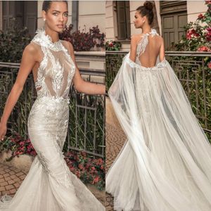 Elihav Sasson 2019 Vestidos de novia de sirena con apliques de encaje de capa Ilusión Vestidos de novia de playa sin espalda Vestido de novia de talla grande