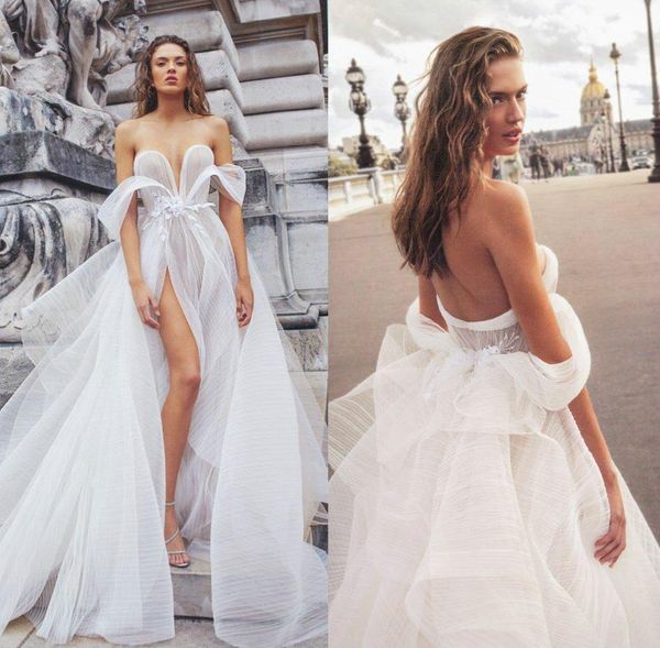 Elihav Sasson 2021 Una línea Vestidos de novia Vestidos de novia Ilusión fuera del hombro Apliques de flores 3D Encaje Sexy Sin espalda Vestidos de novia altos