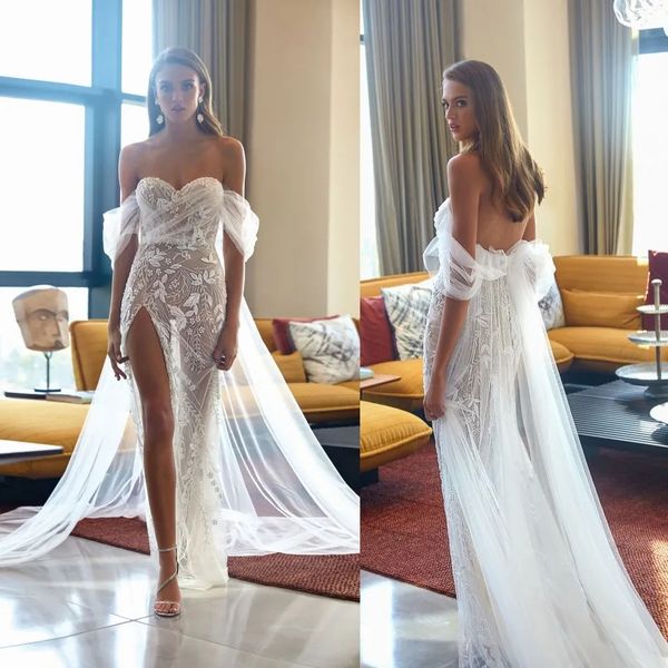 Elihav Sasson vestidos de novia con abertura alta ilusión de cuentas vestido de novia sexy sirena fuera del hombro vestidos de novia de playa