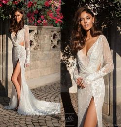 Vestidos de novia Elihav Sasson Mermaid muslos High High Split V Beads de encaje de cuello Vestido de novia de manga larga Sexy Boho Bridal Gowns PL4429822