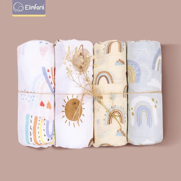 Elinfantile couleur arc-en-ciel 100 coton 4 pièces coffret cadeau couvertures d'emmaillotage en mousseline bambou né bébé serviette de bain enveloppement 240313