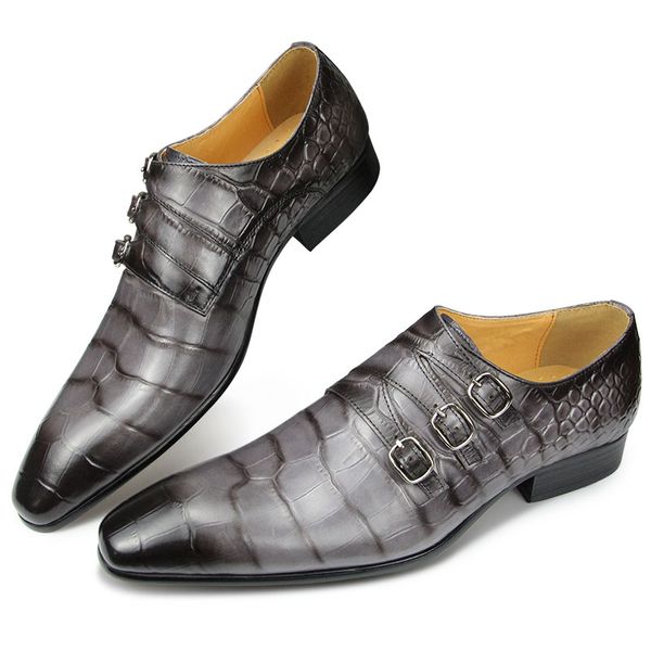 Zapatos de cuero genuino de alta calidad para hombre de élite, zapatos de cuero con estampado de cocodrilo para fiesta de boda, zapatos de oficina de negocios, mocasines grises con punta en pico
