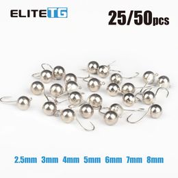 Elite Tg 25/50pcs Ball Ice Jig 2,5 mm/3 mm/4 mm/5 mm/6 mm/7 mm/8 mm Swing Jig Hoofd diep water Soft Lure Tungsten Ice Pike Fishing Hook 240328