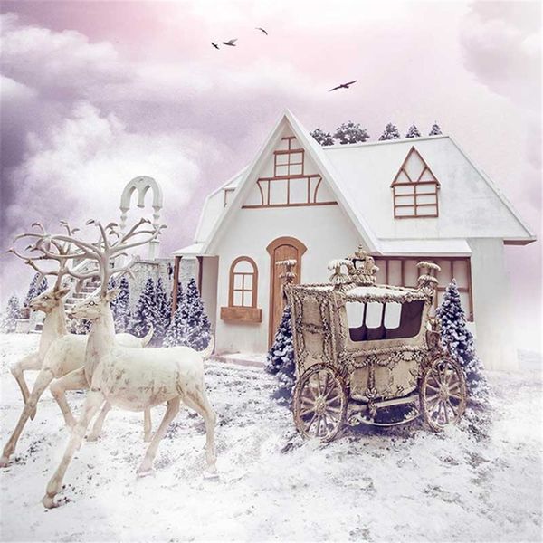 Elk chariot photographie fond hiver neige nuageux ciel extérieur scénique enfants enfants princesse fille Photo toile de fond avec maison