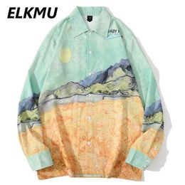 Elkmu Landschap Print Shirt Lange Mouwen Mens Hawaiian Beach Shirts Streetwear Harajuku Mode Knop Blouse Holiday Tops HE262 210714