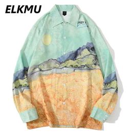 Elkmu Landschap Print Shirt Lange Mouwen Mens Hawaiiaanse Strand Shirts Streetwear Harajuku Mode Knop Blouse Holiday Tops HE262 210708