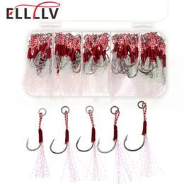 Elllv 100PCSbox Gancho de asistencia de jigging lento Anzuelos de plantilla de fundición de púas individuales con señuelo de pesca de lubina de mar de plumas 5 tamaños mezclados 240312