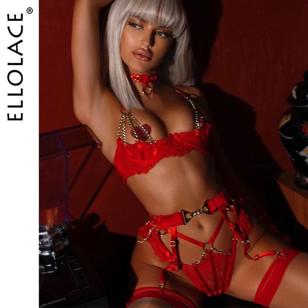 Ellolace Lingerie fantaisie luxe dentelle Push Up demi-tasse soutien-gorge avec chaîne Sexy rouge délicat sous-vêtements Valentine Sissy intime 240202