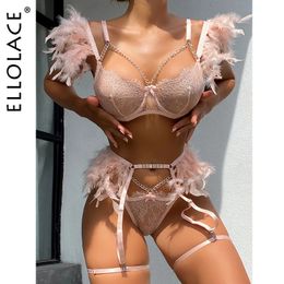 Ellolace Lencería de plumas Ropa interior porno sexy Mujeres Cuerpo Sujetador transparente Cadena de metal Encaje Exótico Conjunto de 3 piezas Lujo Íntimo 240223