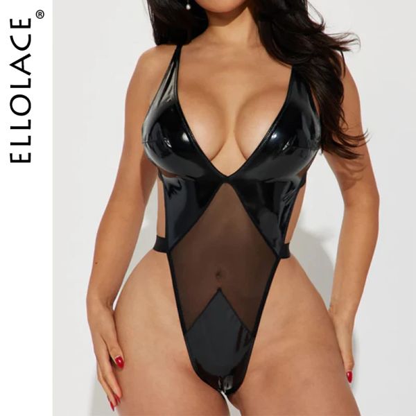 Ellolace látex bodysuit tangas fantasía muñecas baby body mujer fetish babydoll pantchwork lencería de cuero negro