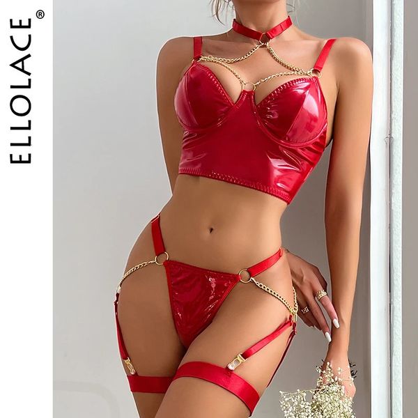 Ellolace Lencería fetiche de cuero con cadena Exótica Sexy Bilizna Set Halter Bra Kit Push Up Látex Rojo Sensual Íntimo 240305