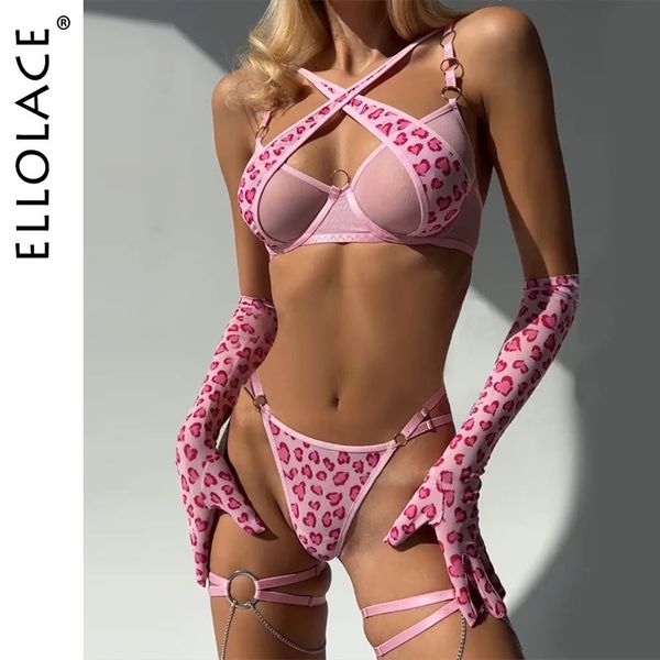 Ellolace Leopard Lingerie Cross Bra Push Up Íntimo Ver a través de encaje Ropa interior de niña Romántico Corazón amoroso Guantes Medias 240305