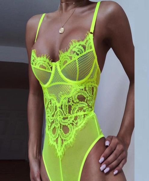 Ellolace Néon Vert Dentelle Maille Élégant Body Femmes Femme Combinaison Dos Nu Transparent Sexy Moulante Bodys D'été T2007607943