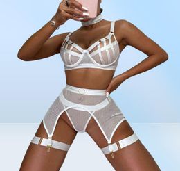 Ellolace Sexy lencería de lujo Hollow Out Exotic sets With Garters Half Cup Vedia a través de la ropa interior de sujetador transparente Set T2233338970