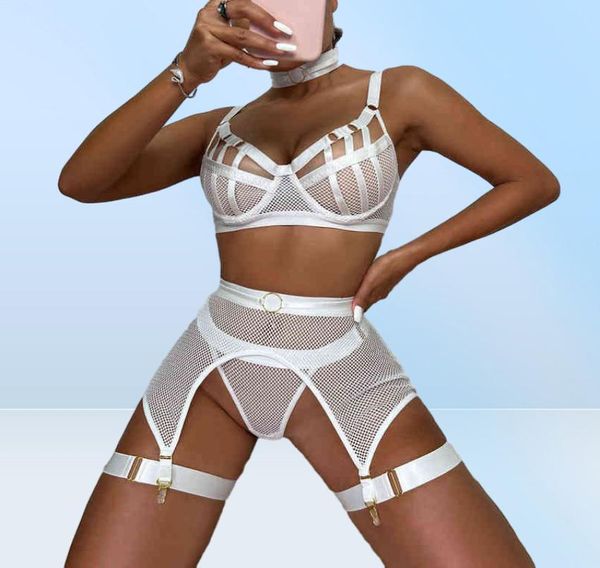 Ellolace Sexy lencería de lujo Hollow Out Exotic sets With Garters Half Cup Vedia a través de la ropa interior de sujetador transparente Set T2233338970