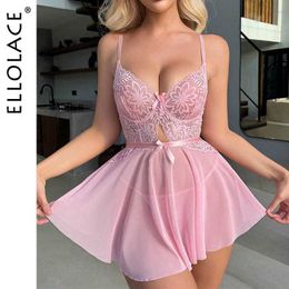 Ellolace Sexy ropa de dormir vestido de encaje rosa claro translúcido ropa de dormir volantes malla atractivos vestidos cortos camisón fantasía lencería L230626