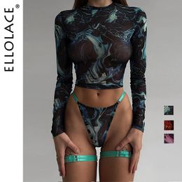 Ellolace Tie Dye Lencería con tops de manga larga Encaje Ver a través de conjuntos eróticos sensuales 4 piezas Ropa interior sexy sin costuras 240305