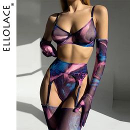 Ellolace Tie Dye Lingerie avec manches de bas sous-vêtements fantaisie sexy 5 pièces non censuré intime voir à travers des tenues sensuelles en maille 240307