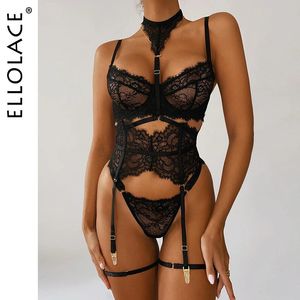 Ellolace sous-vêtements Lingerie Sexy 3 pièces soutien-gorge Transparent dentelle costume porte-jarretelles avec bas femme érotique intime 240202